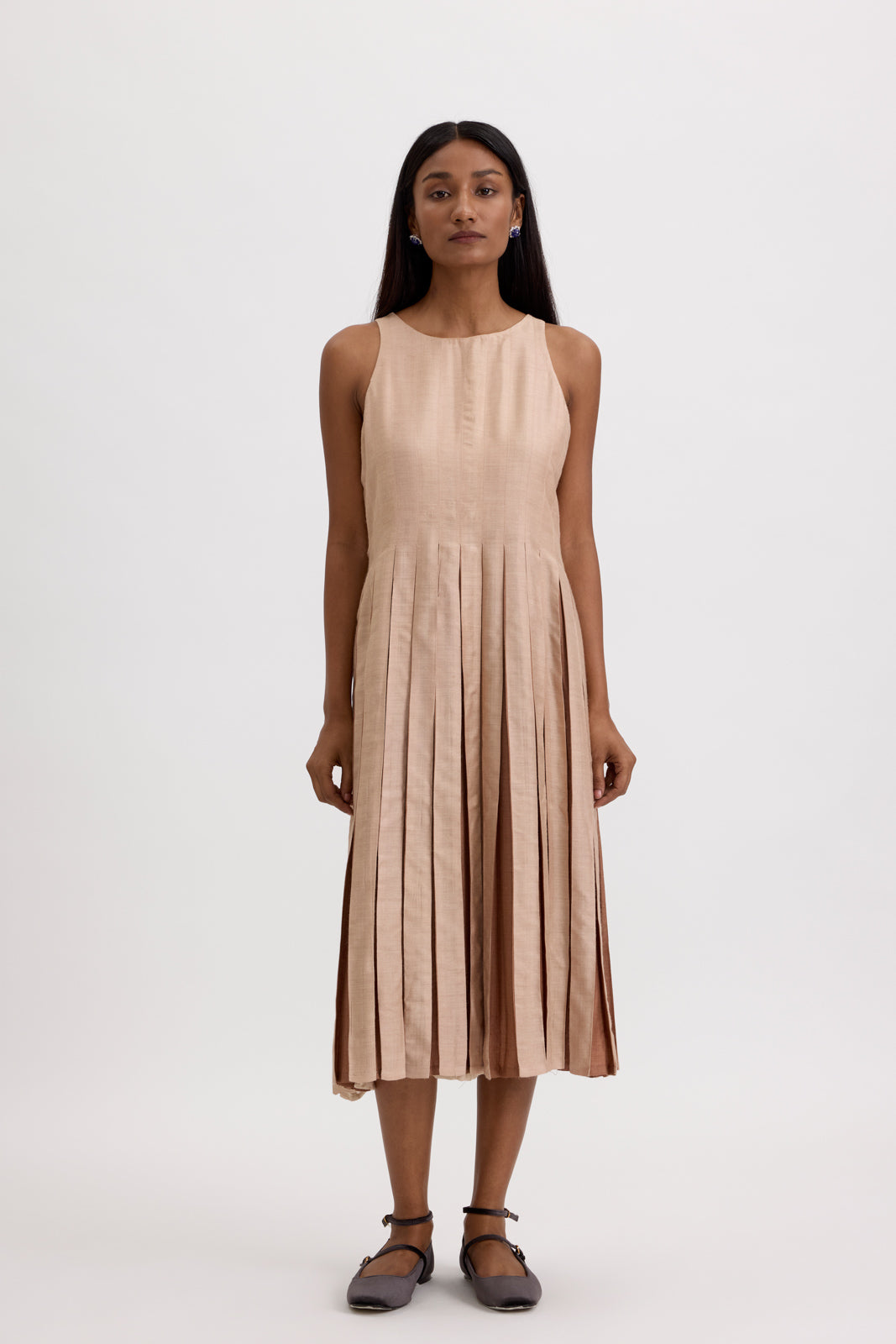 PLEATED MIDI DRESS - CREAM & COFFEE