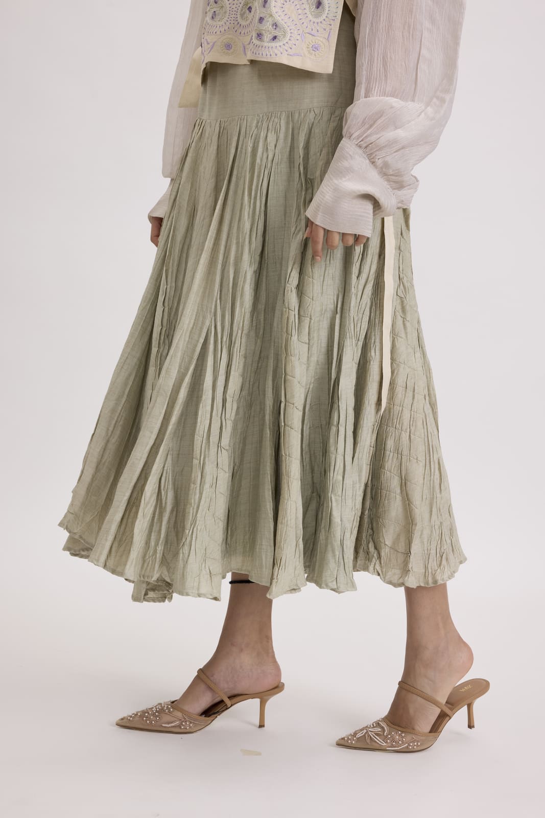 CRUSHED MIDI SKIRT - SAGE GREEN