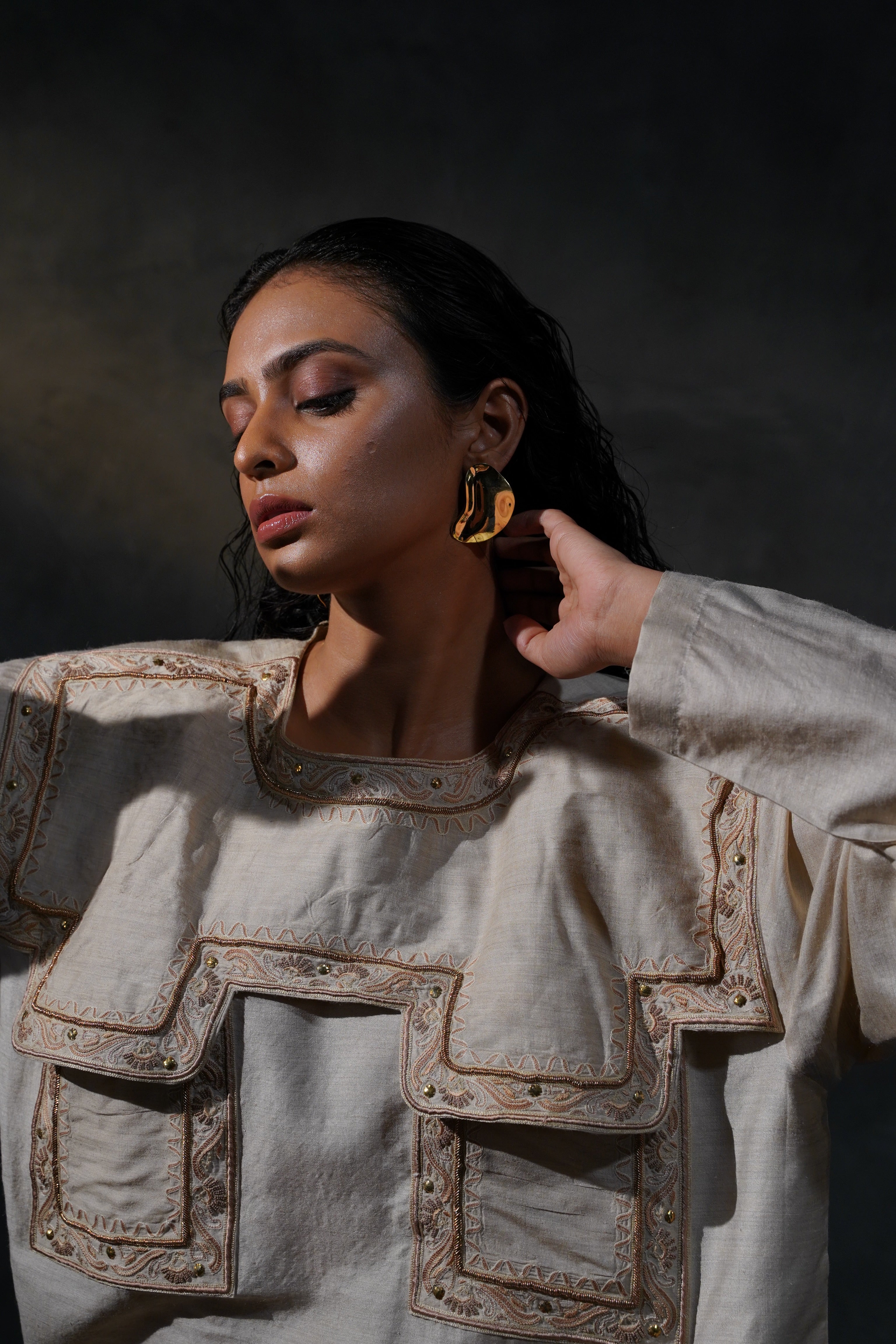 SILK EMBROIDERED YOKE TOP