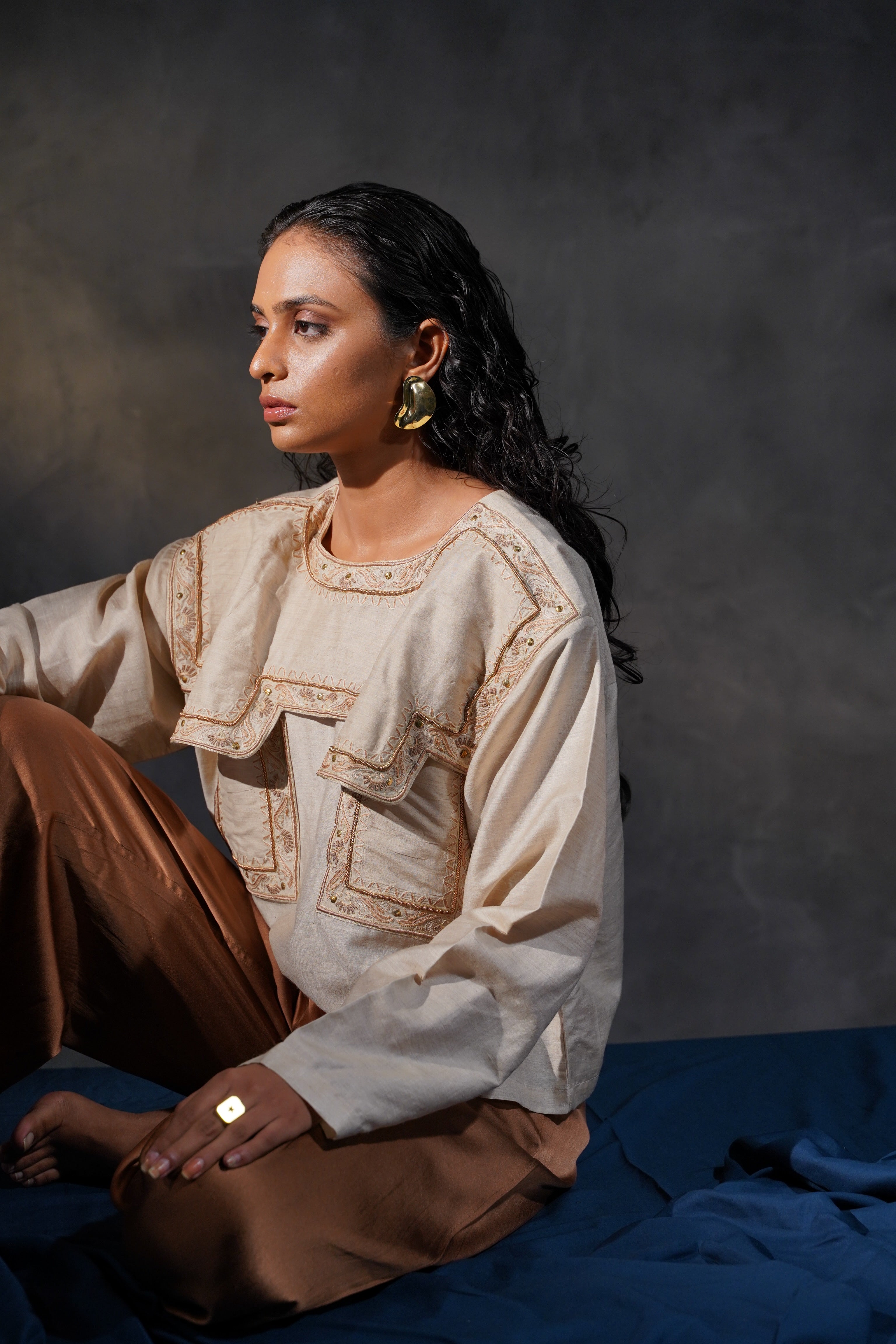 SILK EMBROIDERED YOKE TOP