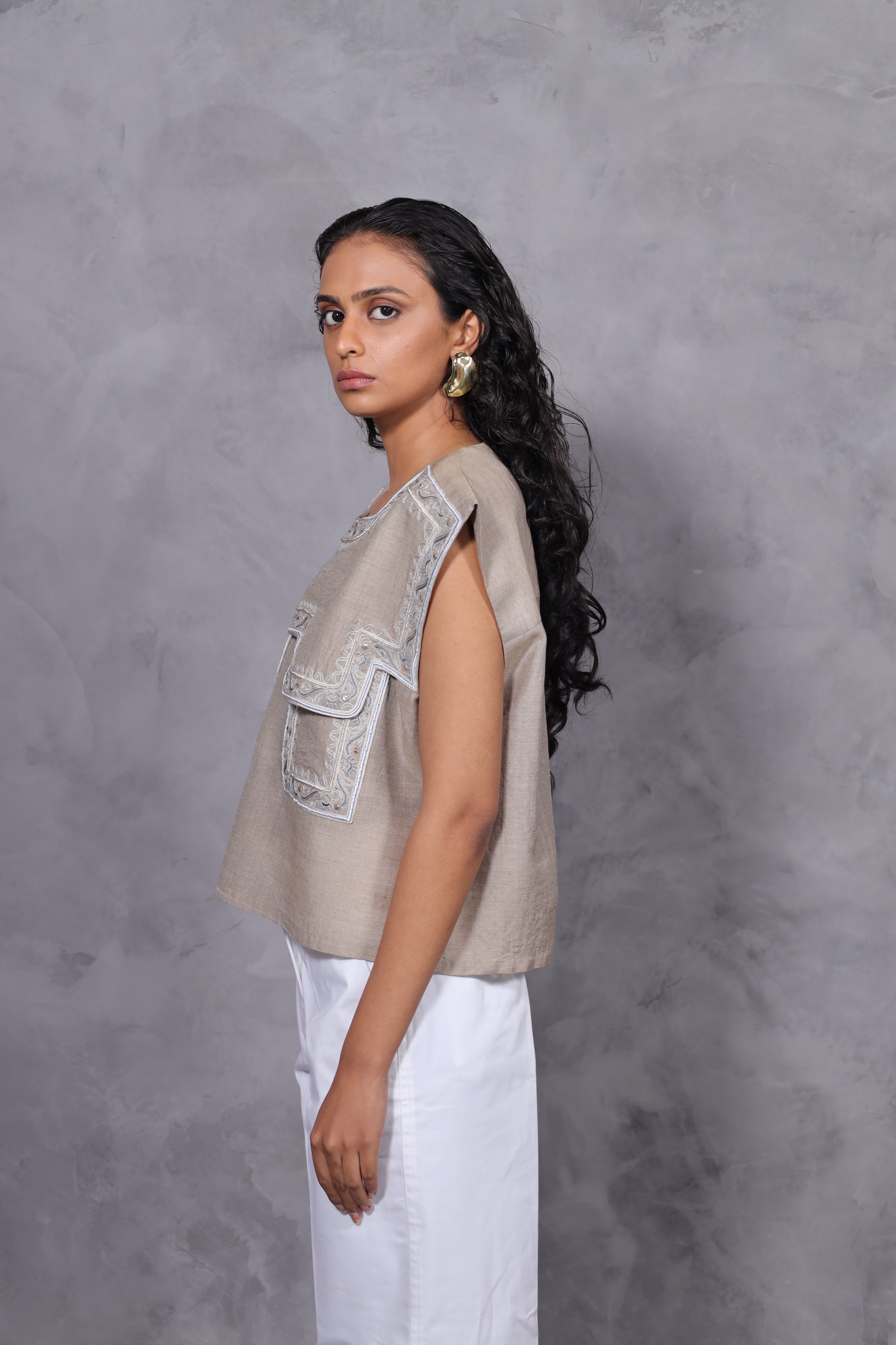 SILK EMBROIDERED YOKE TOP - ECRU