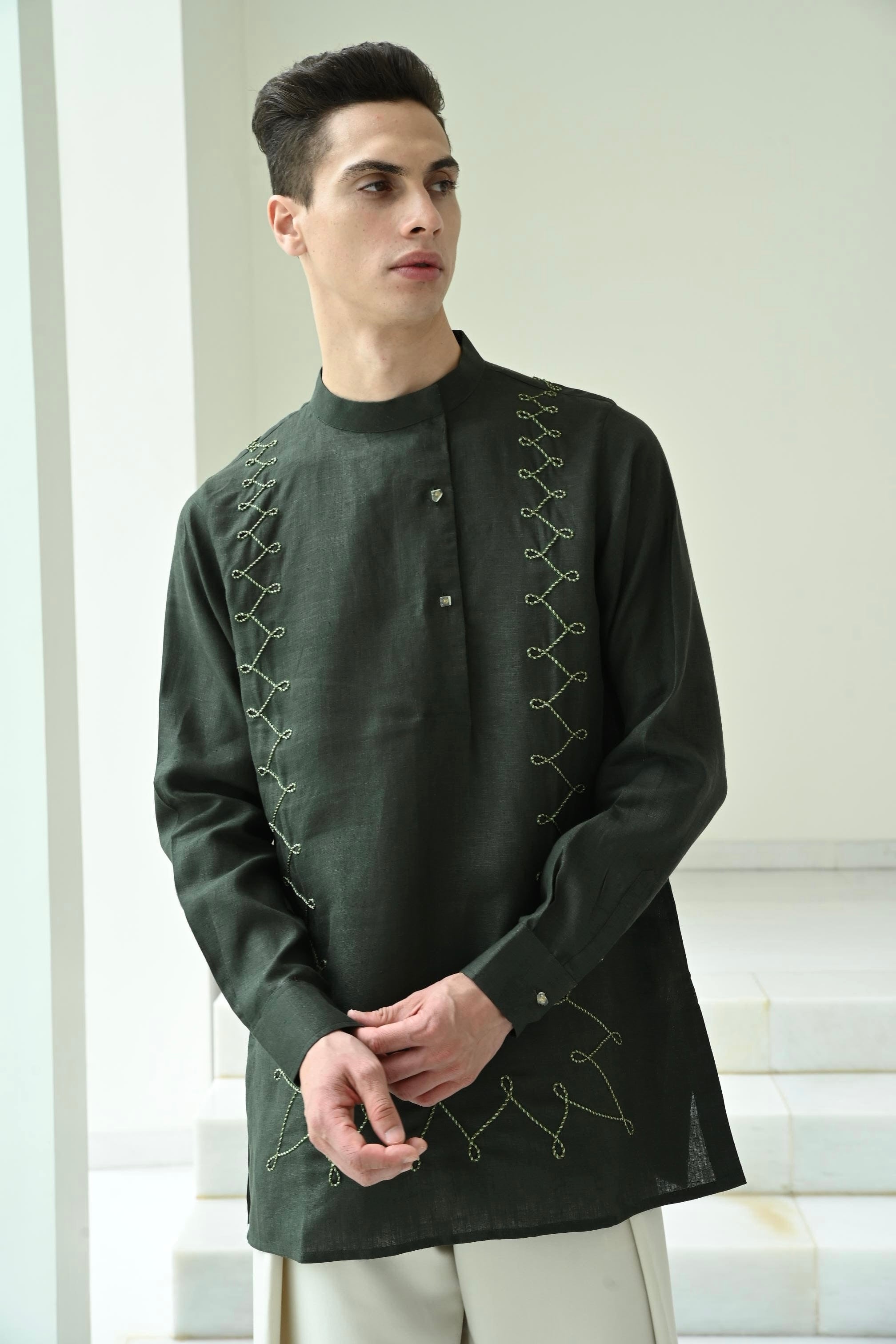DORI WORK KURTA - DARK GREEN
