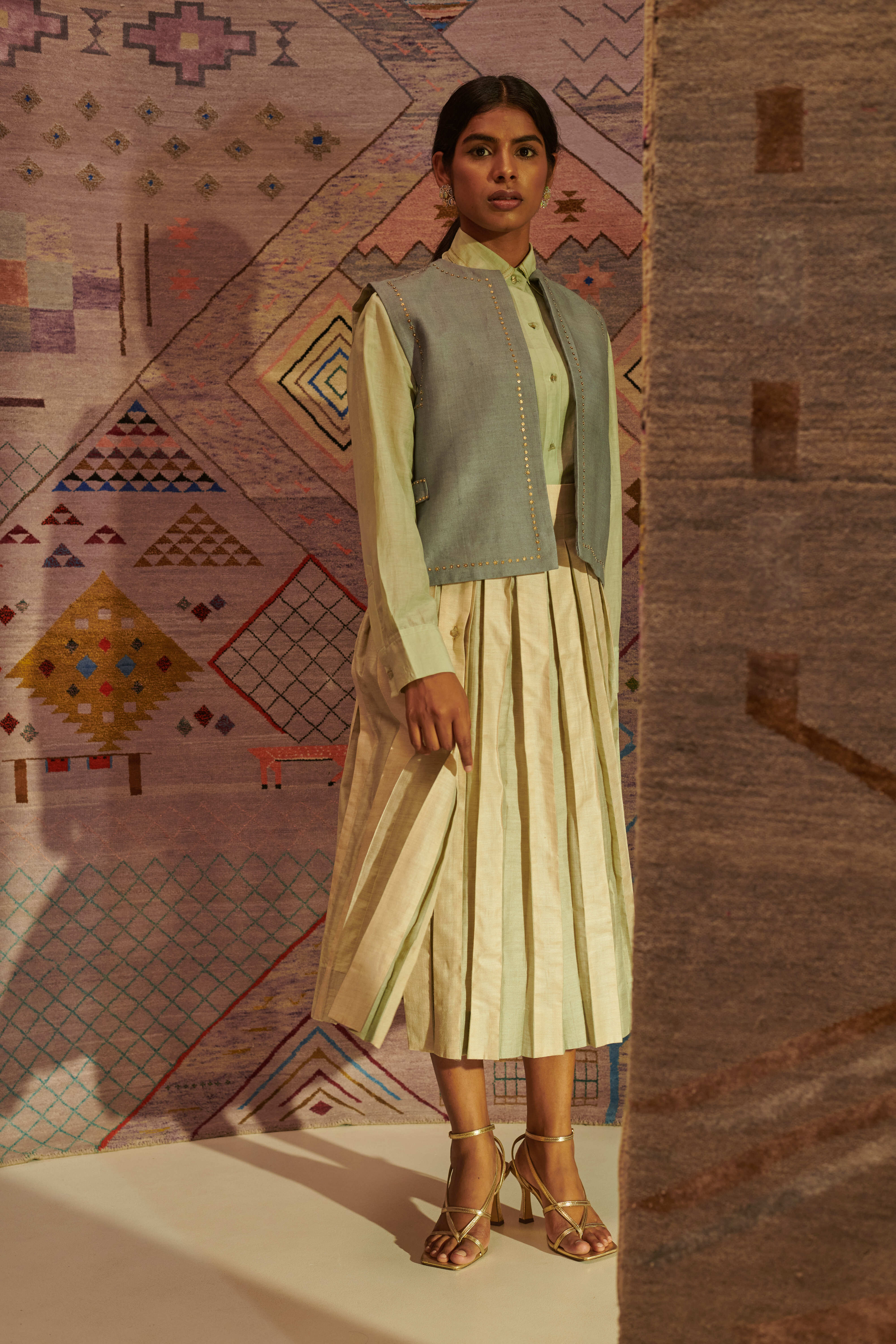 TWO TONED MIDI SKIRT - SAGE & IVORY