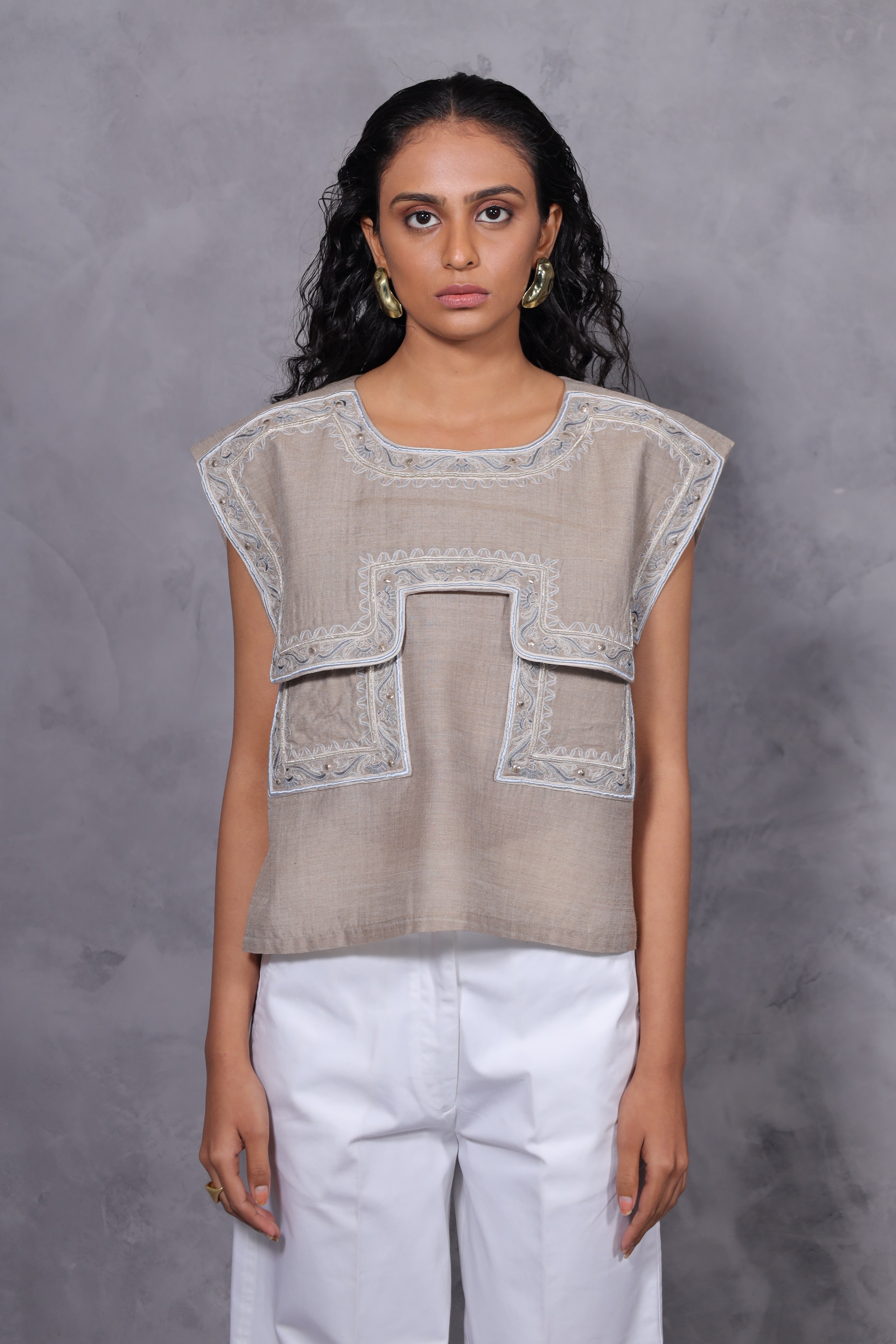 SILK EMBROIDERED YOKE TOP - ECRU