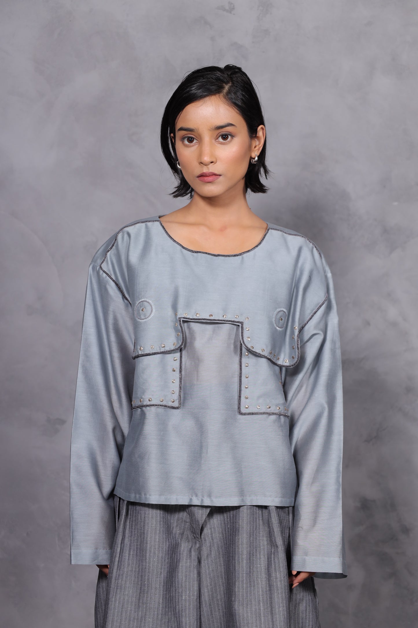 SILK IMPRESSIONS YOKE TOP - PIGEON BLUE