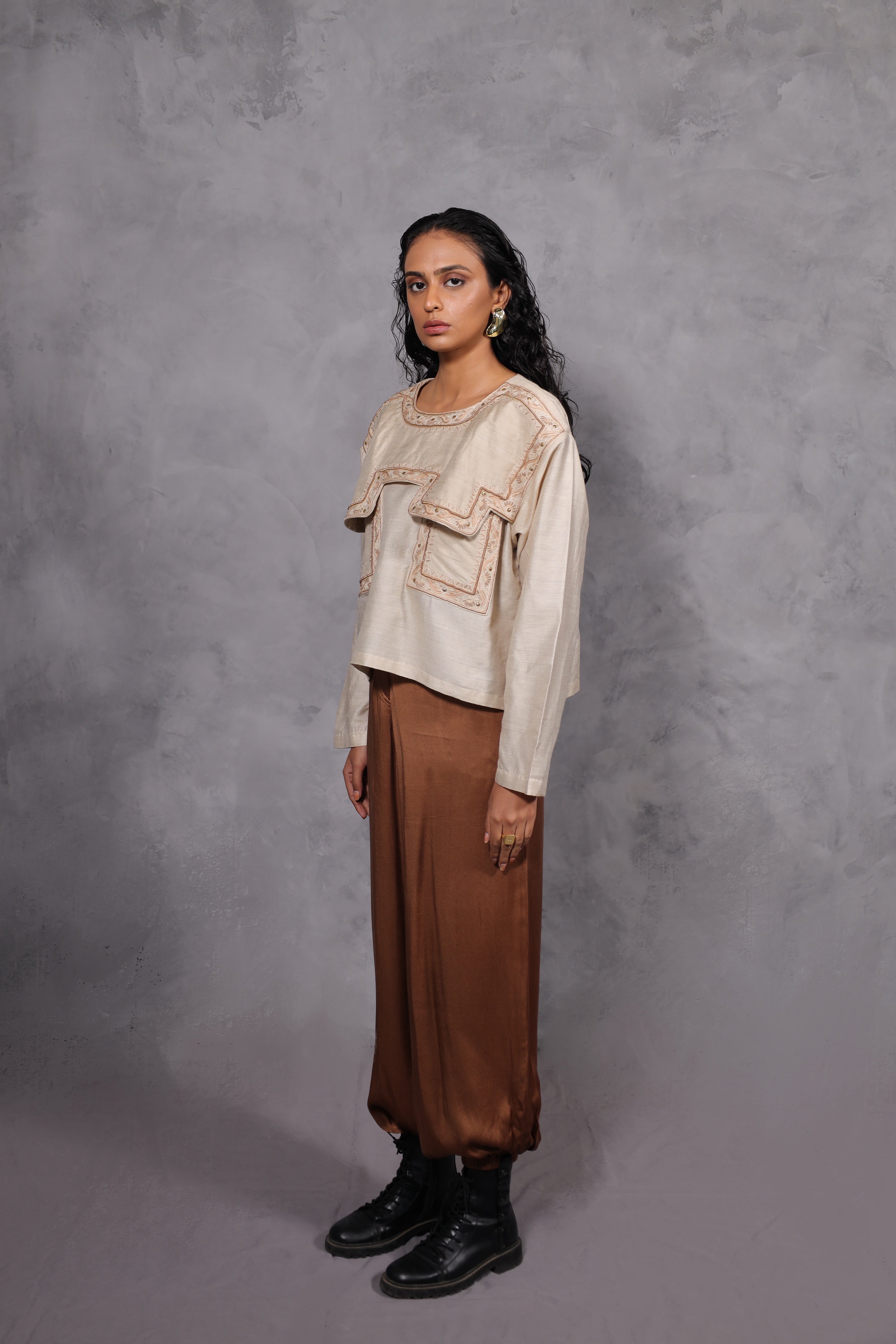 SILK EMBROIDERED YOKE TOP