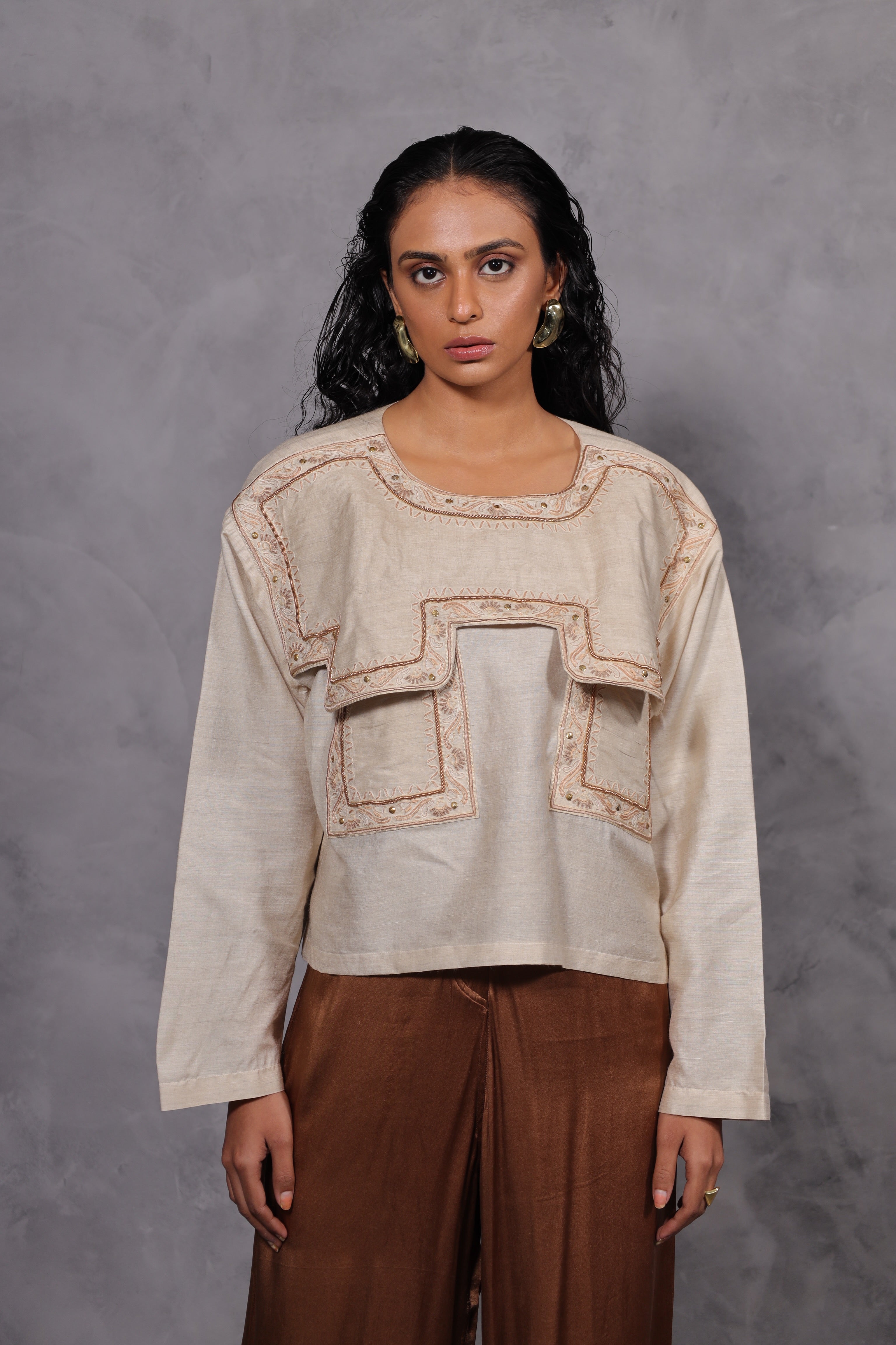 SILK EMBROIDERED YOKE TOP
