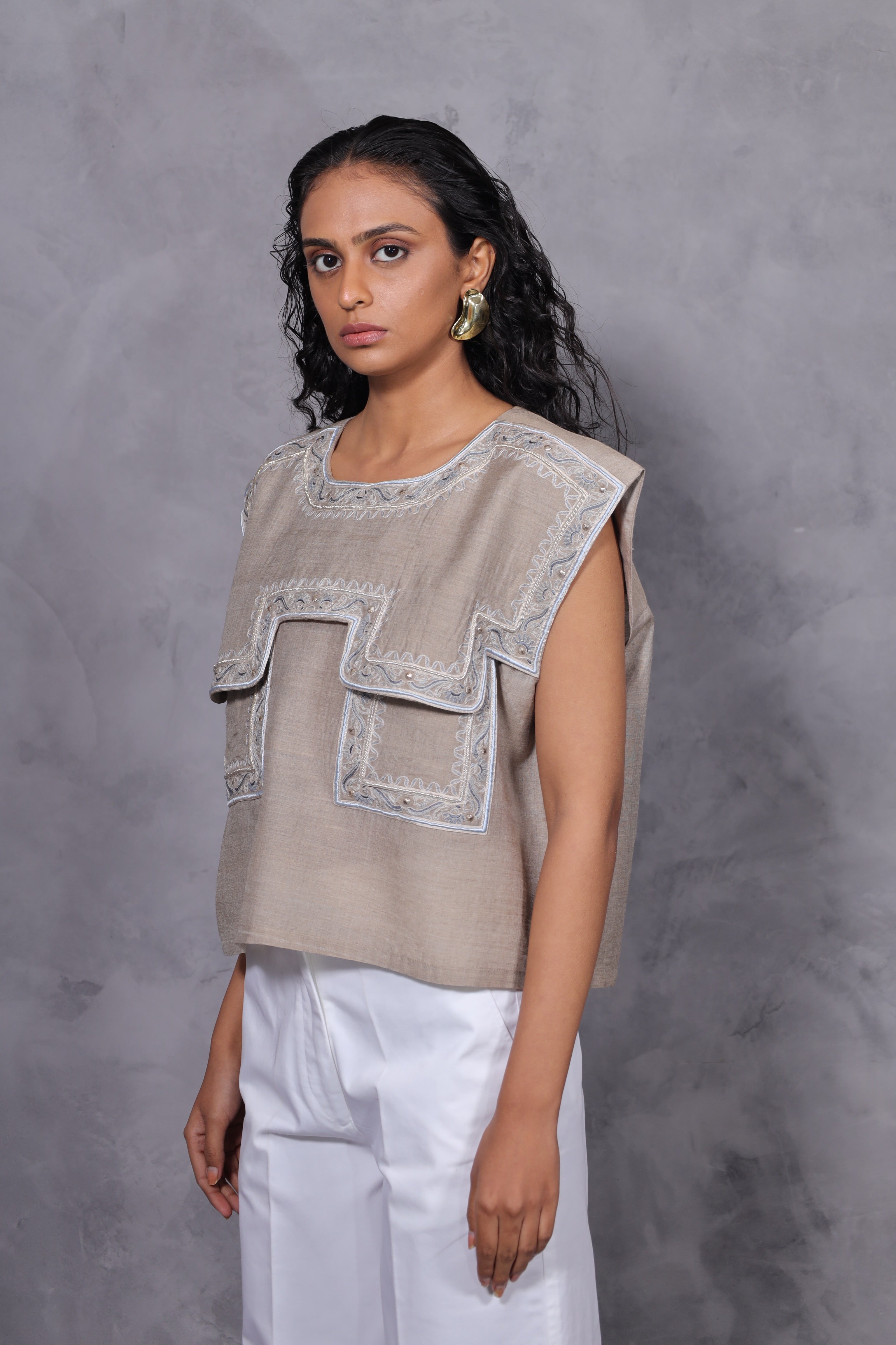 SILK EMBROIDERED YOKE TOP - ECRU