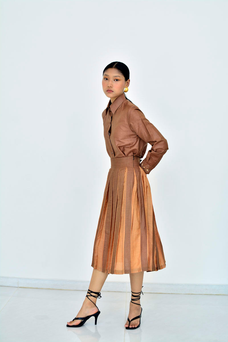PLEATED MIDI SKIRT - COFFEE & AMBER