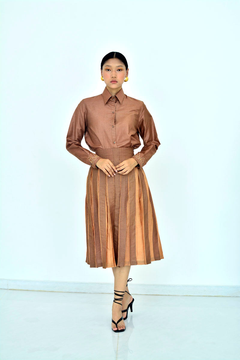 PLEATED MIDI SKIRT - COFFEE & AMBER