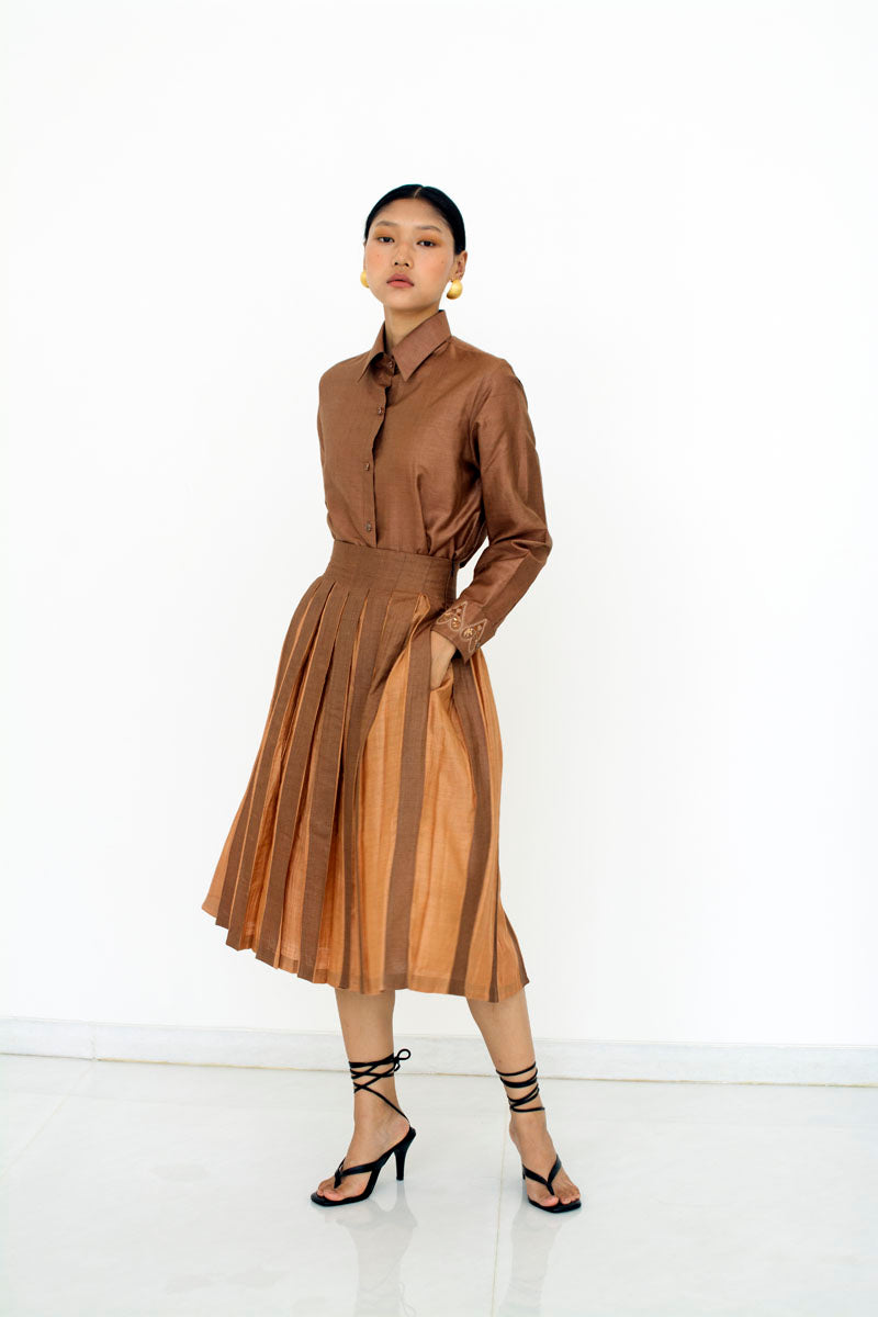 PLEATED MIDI SKIRT - COFFEE & AMBER