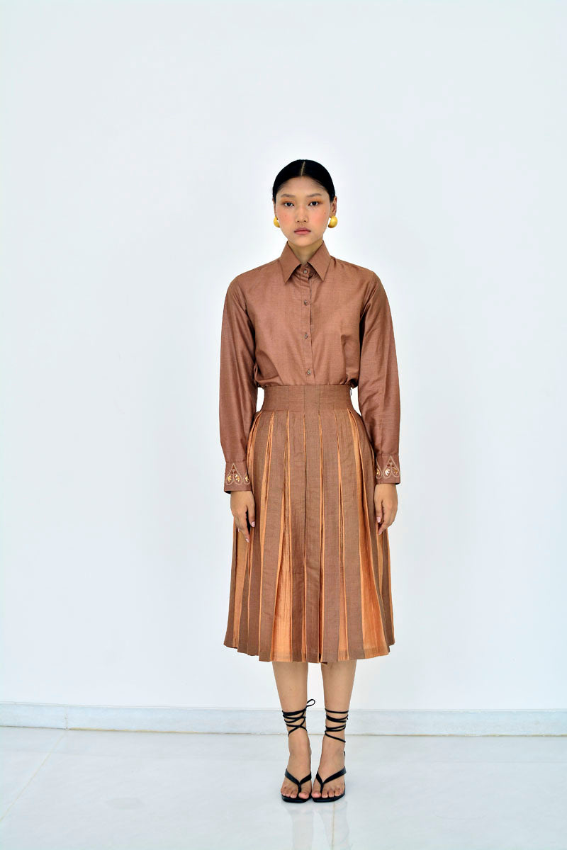PLEATED MIDI SKIRT - COFFEE & AMBER
